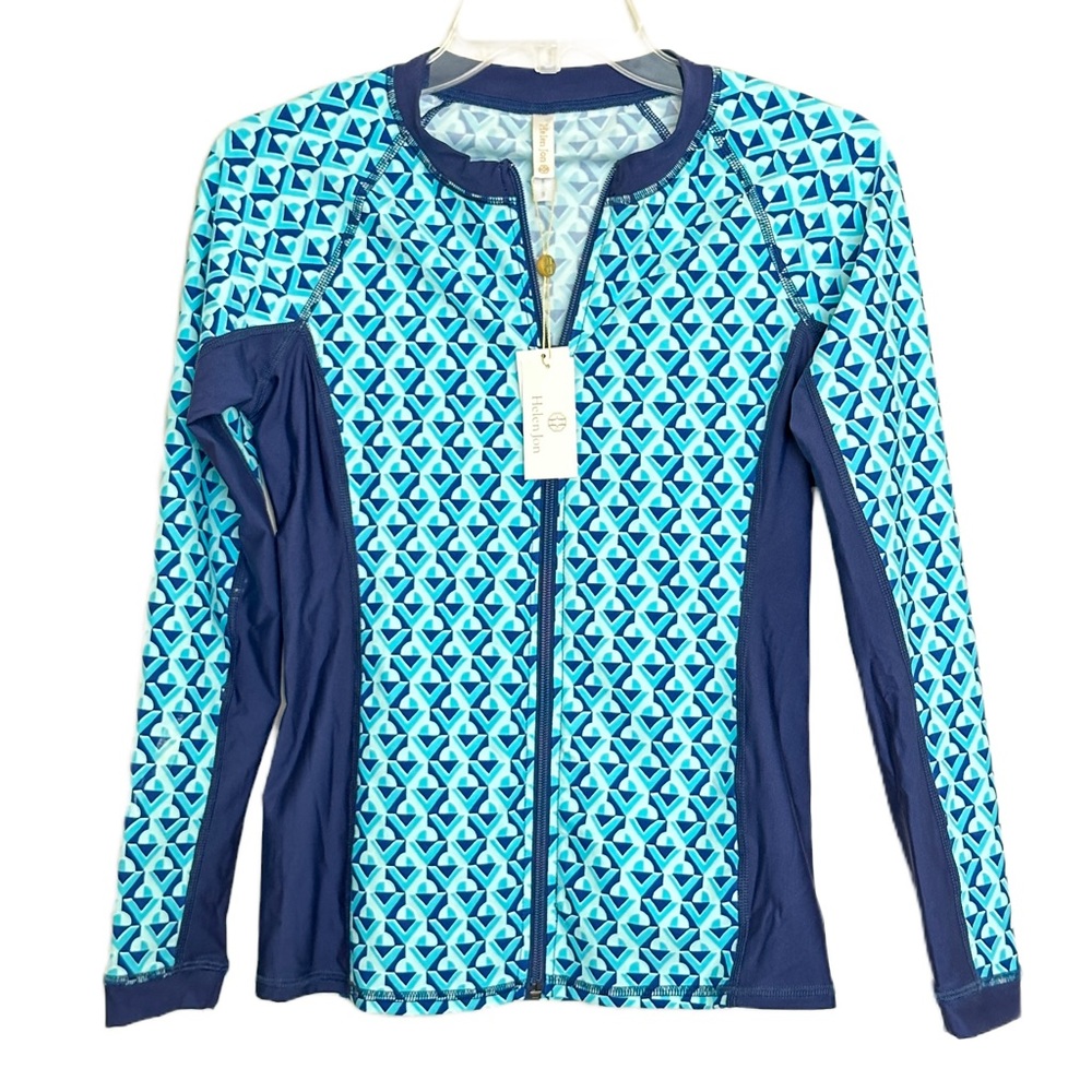 NWT Helen Jon Rash Guard Full Zip UPF 50+ Palm Springs Print Sz Small Aqua Blue